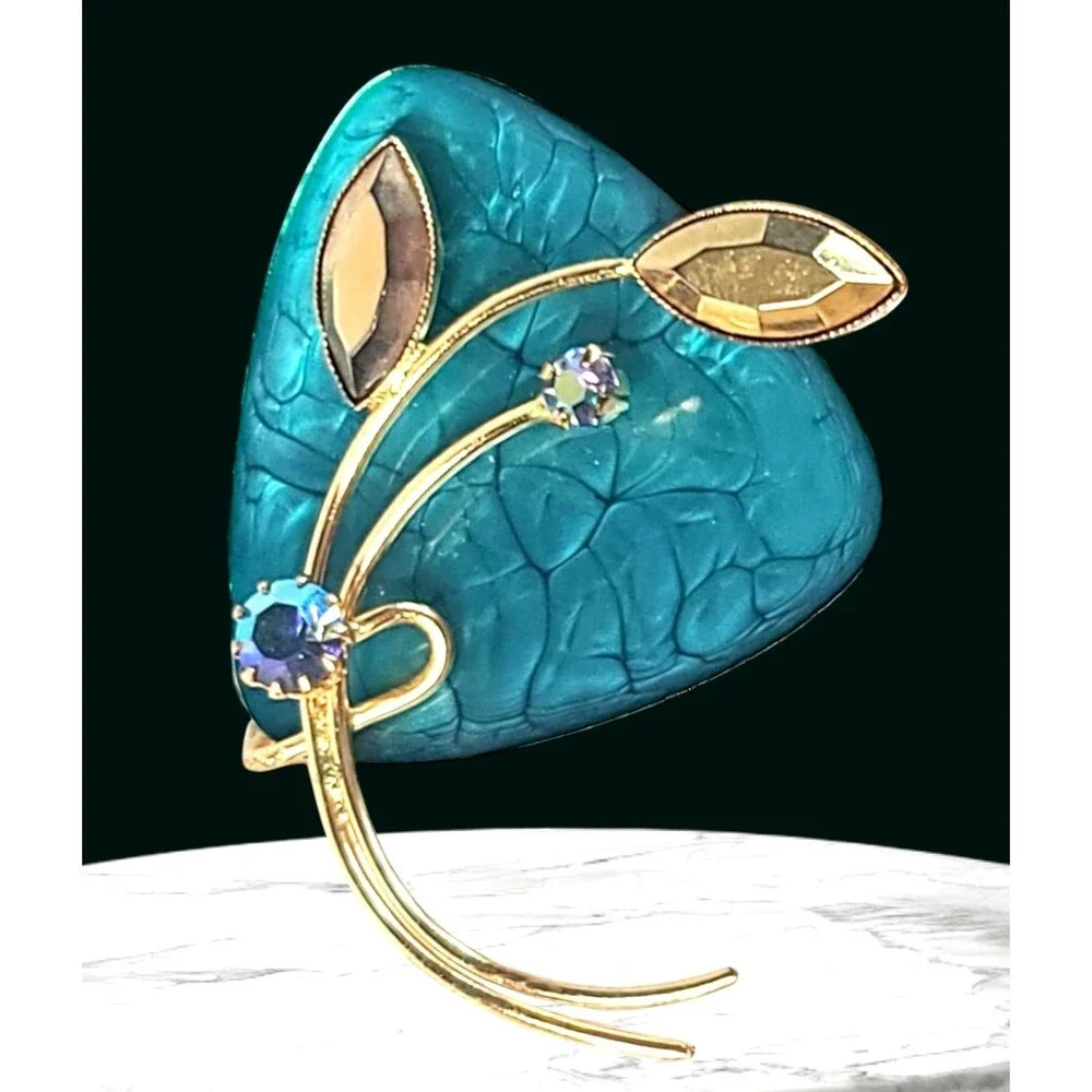 Vintage West Germany Asymmetrical AB Rhinestone Teal Metal Flower Brooch Pendant